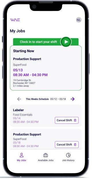 Through the WAE app, employees can view their schedule and check in for their shifts.